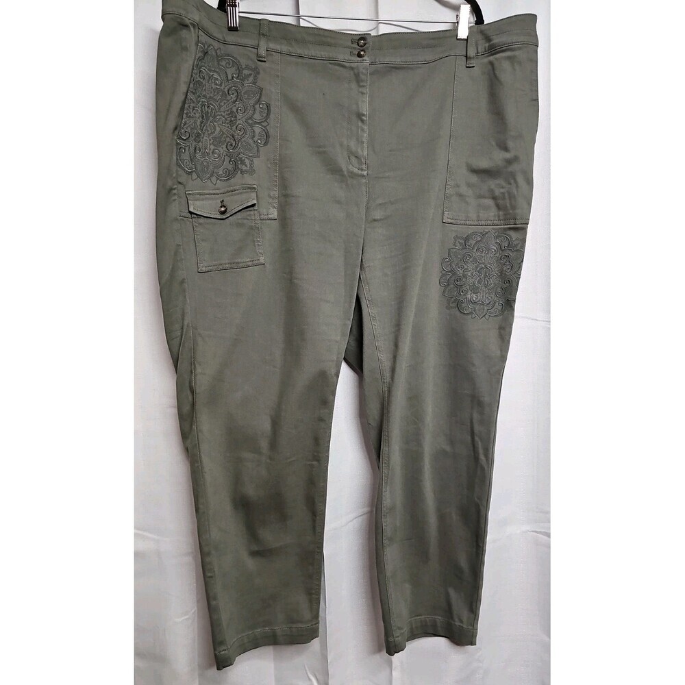 J. Jill Women Plus Size 28 Embroidered Cargo Pants Olive Green Caraway Utility